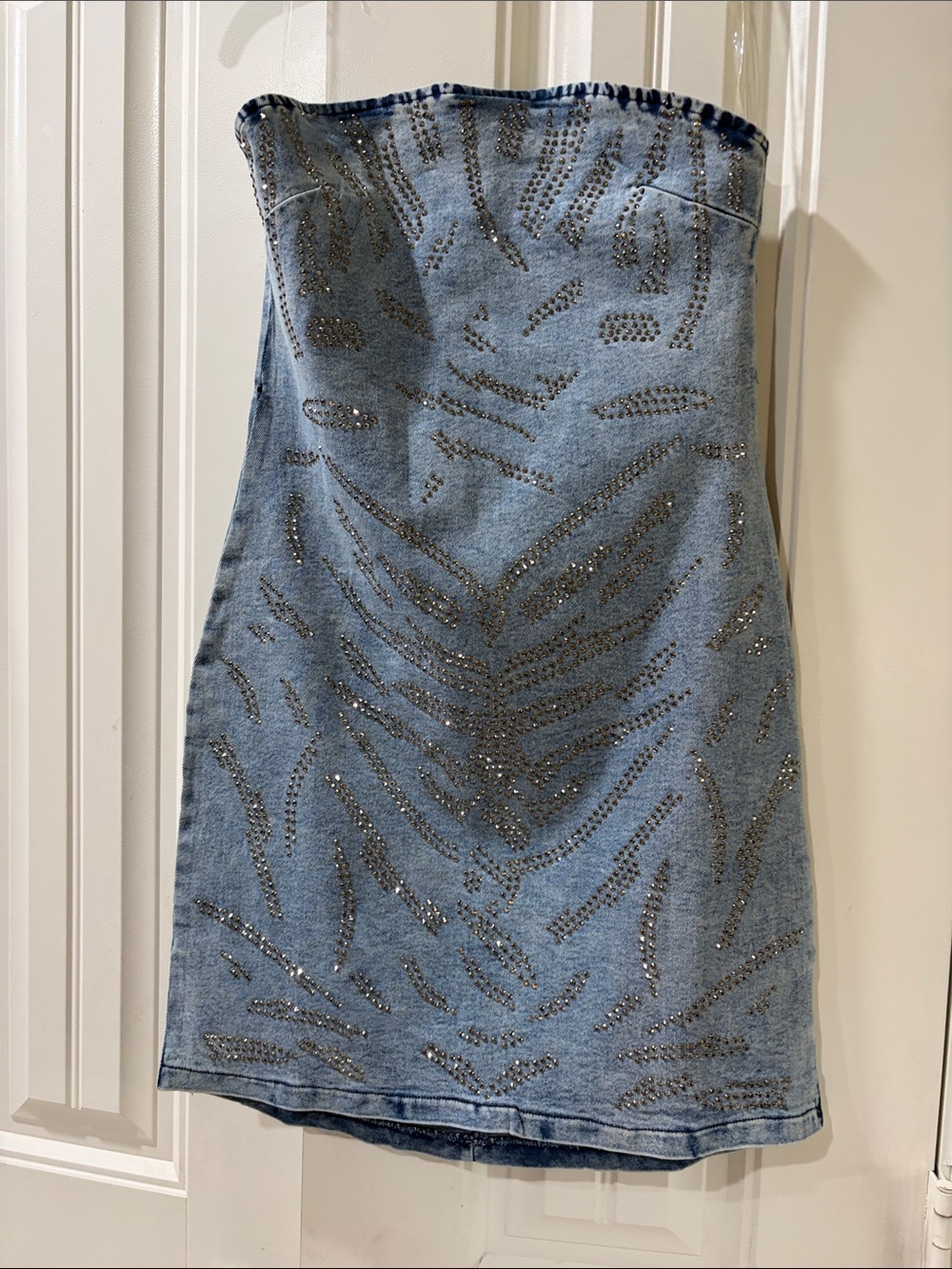 Fashion Nova Strapless Light Blue Embellished Denim Mini Dress